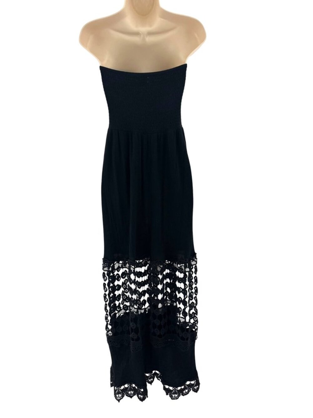 Justify Black Strapless Smocked Crocheted Maxi Dress Size L Sexy Summer Wedding - Picture 5 of 10